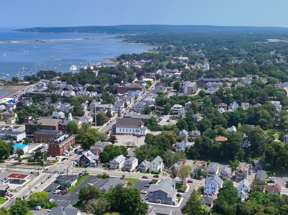 Plymouth,Historic,City,Center,On,Court,Street,Aerial,View,With Town of Plymouth, MA